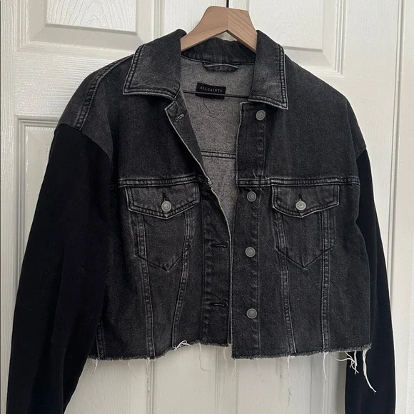 AllSaints Anders Mixed Media Crop Jean Jacket - Picture 4 of 7